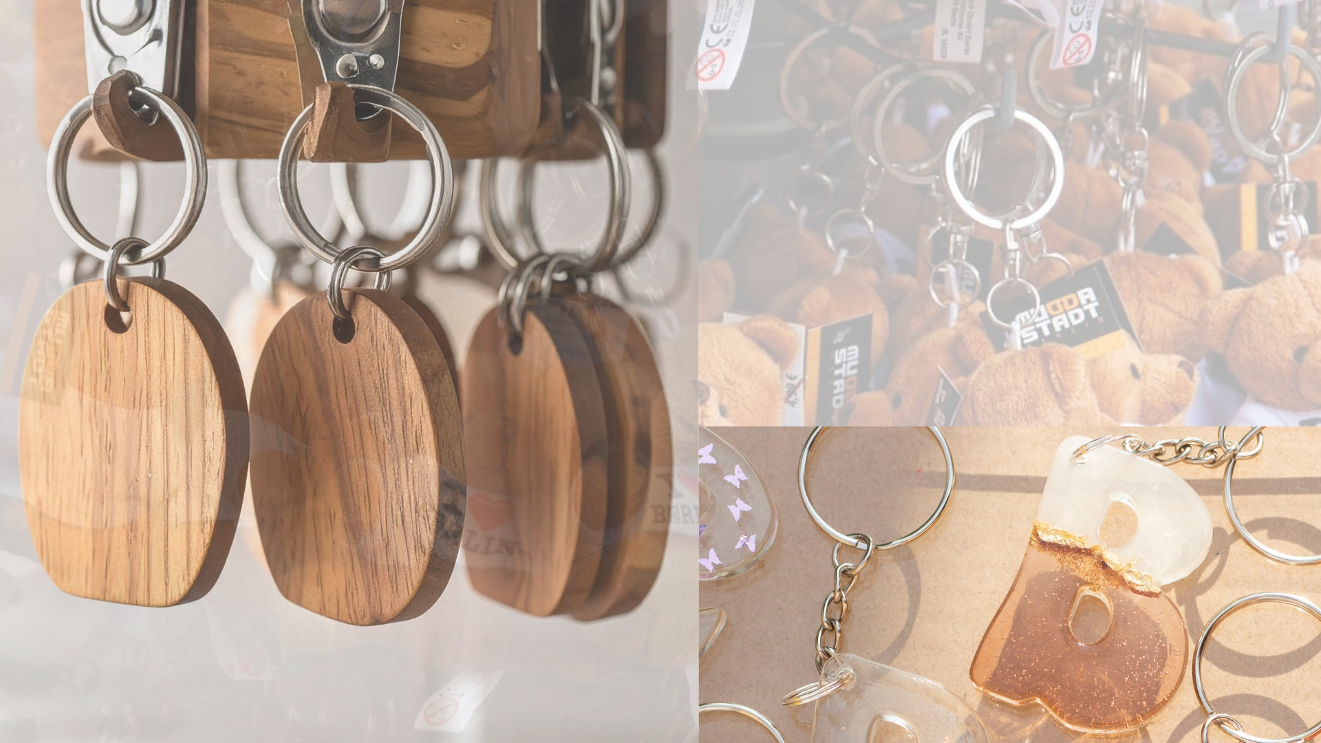 Assorted designer keychains on a surface